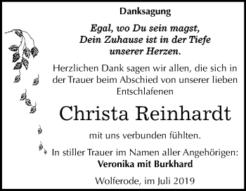 Traueranzeige von Christa Reinhardt von Super Sonntag Mansfelder Land
