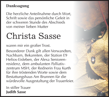 Traueranzeige von Christa Sasse von Mitteldeutsche Zeitung Mansfelder Land