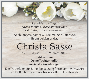 Traueranzeige von Christa Sasse von Wochenspiegel Mansfelder Land