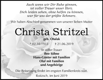 Traueranzeige von Christa Stritzel von Wochenspiegel Bitterfeld