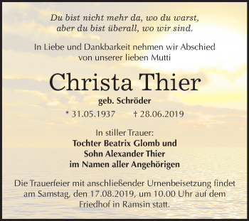 Traueranzeige von Christa Thier von Wochenspiegel Bitterfeld