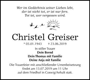 Traueranzeige von Christel Greiser von Super Sonntag Wittenberg