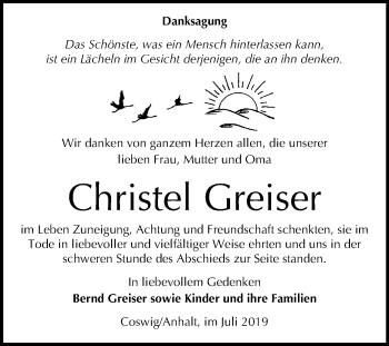 Traueranzeige von Christel Greiser von Mitteldeutsche Zeitung Wittenberg
