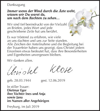 Traueranzeige von Christel Klose von Wochenspiegel Naumburg/Nebra