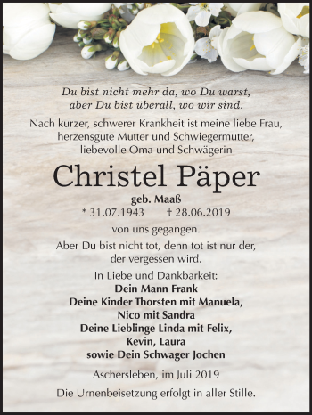Traueranzeige von Christel Päper von Super Sonntag Aschersleben