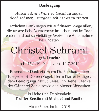 Traueranzeige von Christel Schraml von Mitteldeutsche Zeitung Köthen
