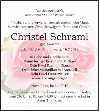 Traueranzeige von Christel Schraml von Mitteldeutsche Zeitung Köthen