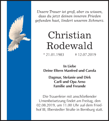 Traueranzeige von Christian Rodewald von Super Sonntag Bernburg
