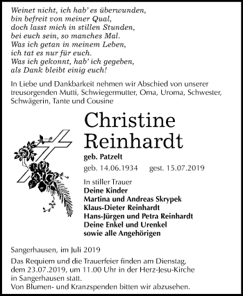 Traueranzeige von Christine Reinhardt von Mitteldeutsche Zeitung Sangerhausen