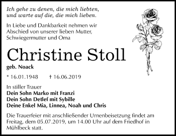 Traueranzeige von Christine Stoll von Wochenspiegel Bitterfeld