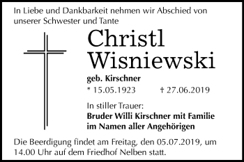 Traueranzeige von Christl Wisniewski von Mitteldeutsche Zeitung Bernburg