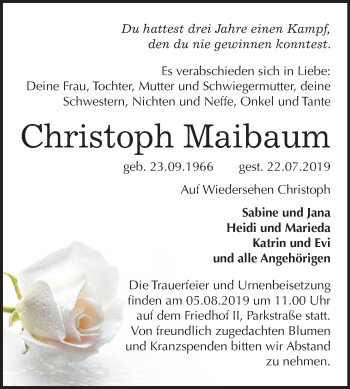 Traueranzeige von Christoph Maibaum von Mitteldeutsche Zeitung Bernburg