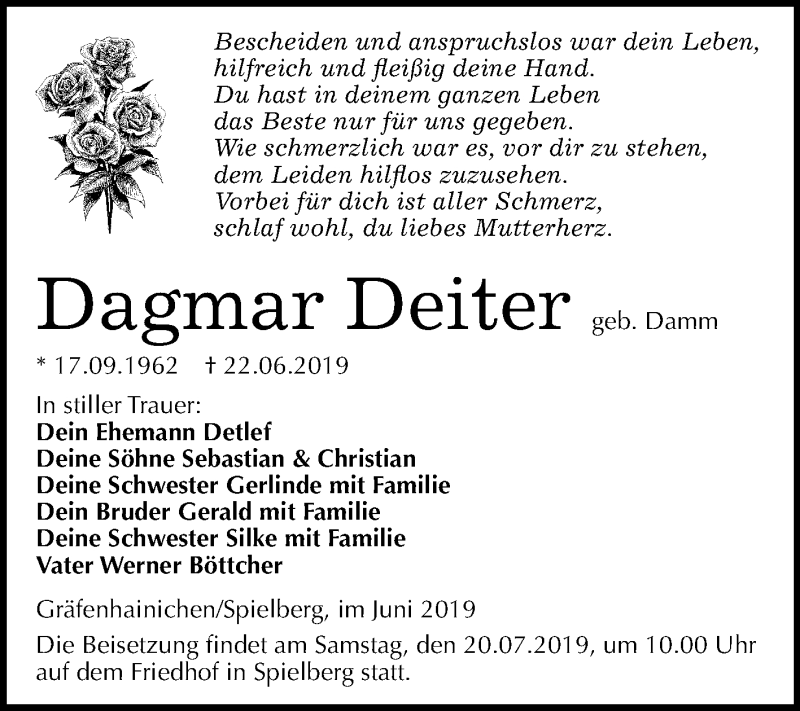  Traueranzeige für Dagmar Deiter vom 06.07.2019 aus Super Sonntag Merseburg/Querfurt / Wittenberg