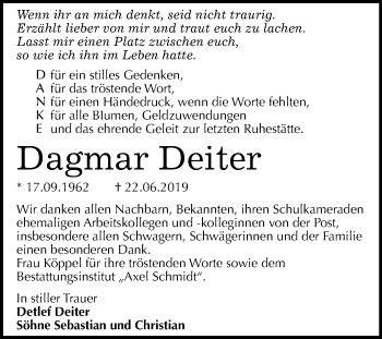Traueranzeige von Dagmar Deiter von Super Sonntag Merseburg/Querfurt / Wittenberg
