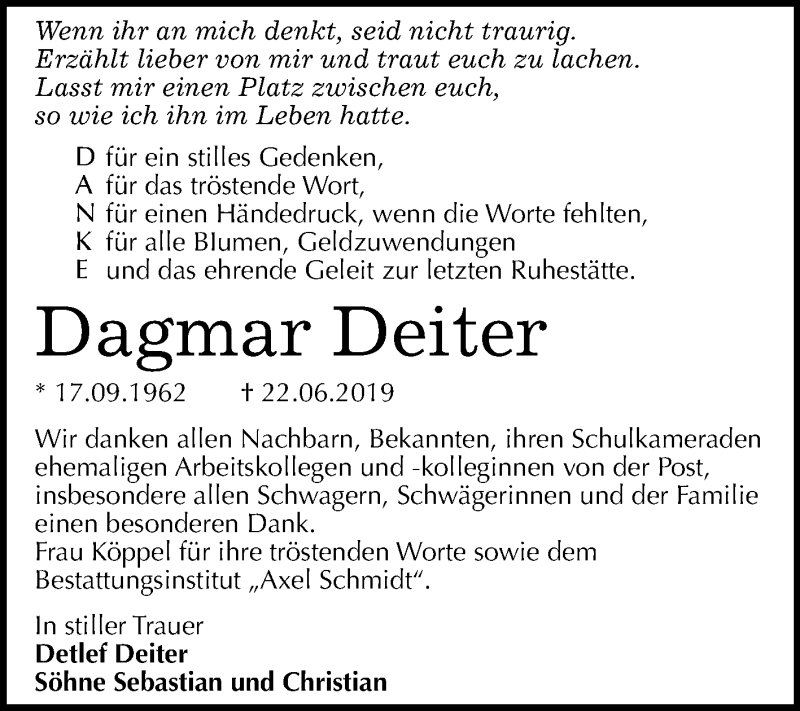  Traueranzeige für Dagmar Deiter vom 27.07.2019 aus Mitteldeutsche Zeitung Wittenberg / Merseburg/Querfurt
