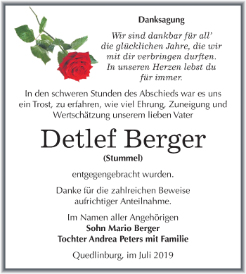 Traueranzeige von Detlef Berger von Mitteldeutsche Zeitung Quedlinburg
