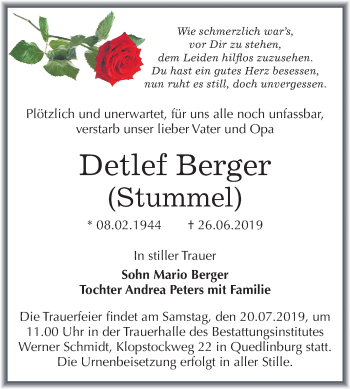 Traueranzeige von Detlef Berger von Mitteldeutsche Zeitung Quedlinburg