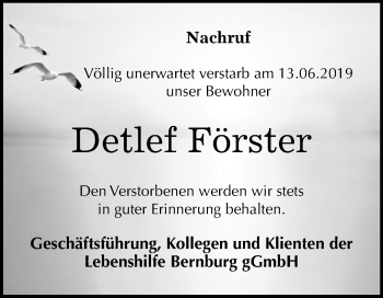 Traueranzeige von Detlef Förster von Wochenspiegel Bernburg