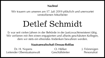 Traueranzeige von Detlef Schmidt von Super Sonntag Dessau-Roßlau