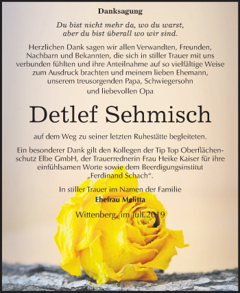 Traueranzeige von Detlef Sehmisch von Super Sonntag Wittenberg