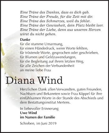 Traueranzeige von Diana Wind von Wochenspiegel Naumburg/Nebra