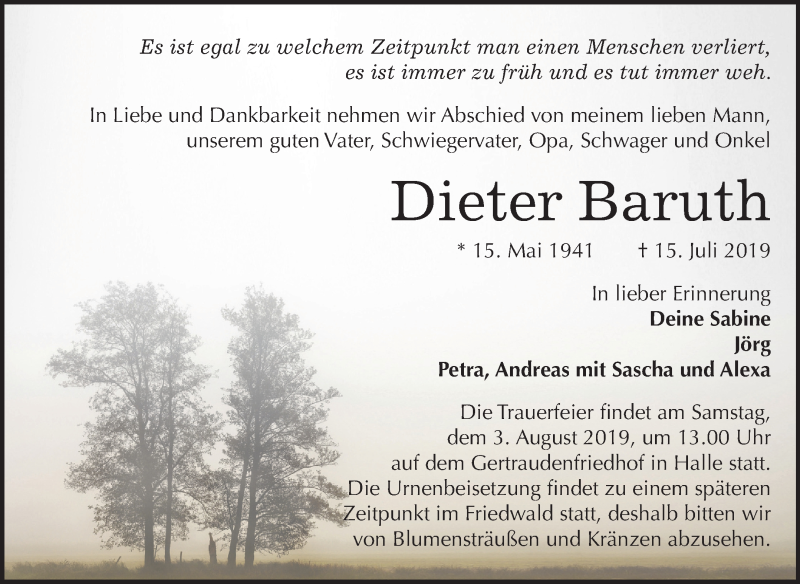 Traueranzeige für Dieter Baruth vom 27.07.2019 aus Mitteldeutsche Zeitung Halle/Saalkreis