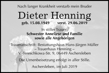 Traueranzeige von Dieter Henning von Mitteldeutsche Zeitung Aschersleben