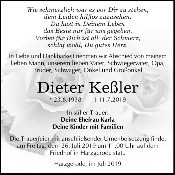 Traueranzeige von Dieter Keßler von Super Sonntag Quedlinburg