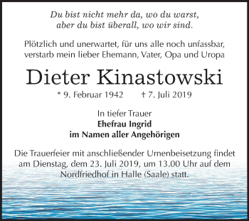 Traueranzeige von Dieter Kinastowski von Mitteldeutsche Zeitung Halle/Saalkreis