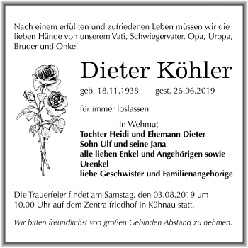 Traueranzeige von Dieter Köhler von Mitteldeutsche Zeitung Dessau-Roßlau