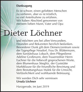 Traueranzeige von Dieter Löchner von Mitteldeutsche Zeitung Quedlinburg