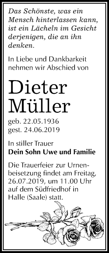 Traueranzeige von Dieter Müller von Mitteldeutsche Zeitung Halle/Saalkreis
