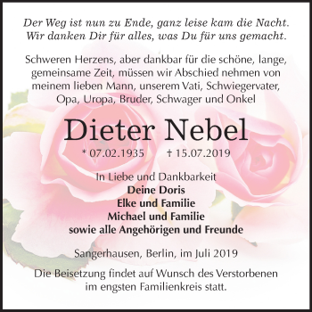 Traueranzeige von Dieter Nebel von Mitteldeutsche Zeitung Sangerhausen