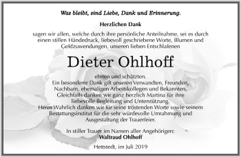 Traueranzeige von Dieter Ohlhoff von Mitteldeutsche Zeitung Mansfelder Land