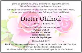 Traueranzeige von Dieter Ohlhoff von Super Sonntag Mansfelder Land