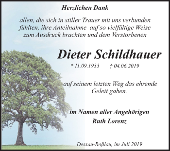 Traueranzeige von Dieter Schildhauer von Mitteldeutsche Zeitung Dessau-Roßlau