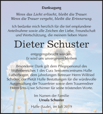 Traueranzeige von Dieter Schuster von Mitteldeutsche Zeitung Halle/Saalkreis