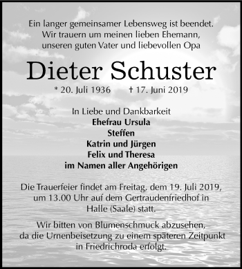Traueranzeige von Dieter Schuster von Mitteldeutsche Zeitung Halle/Saalkreis