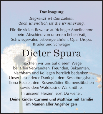 Traueranzeige von Dieter Spura von Super Sonntag Sangerhausen