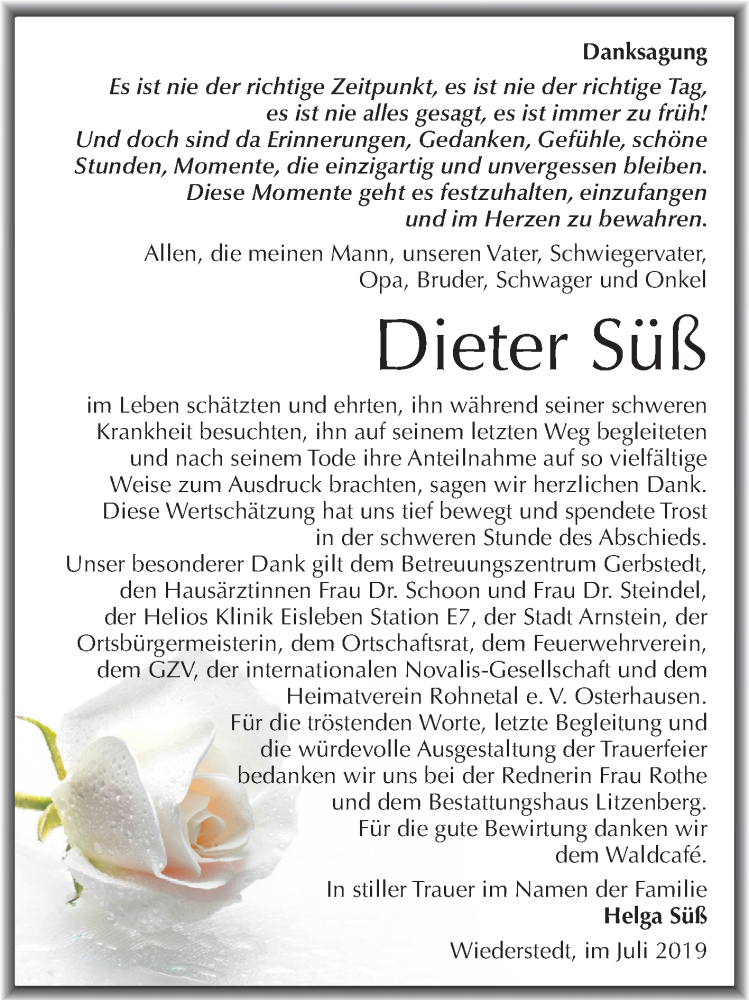  Traueranzeige für Dieter Süß vom 20.07.2019 aus Mitteldeutsche Zeitung Mansfelder Land