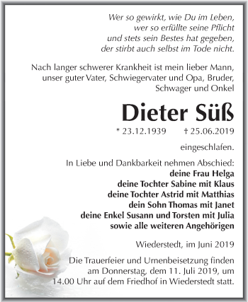 Traueranzeige von Dieter Süß von Wochenspiegel Mansfelder Land