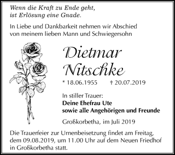 Traueranzeige von Dietmar Nitschke von Mitteldeutsche Zeitung Weißenfels