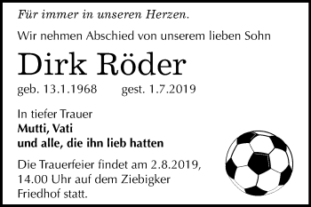 Traueranzeige von Dirk Röder von Super Sonntag Dessau-Roßlau