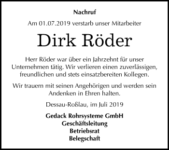 Traueranzeige von Dirk Röder von Mitteldeutsche Zeitung Dessau-Roßlau