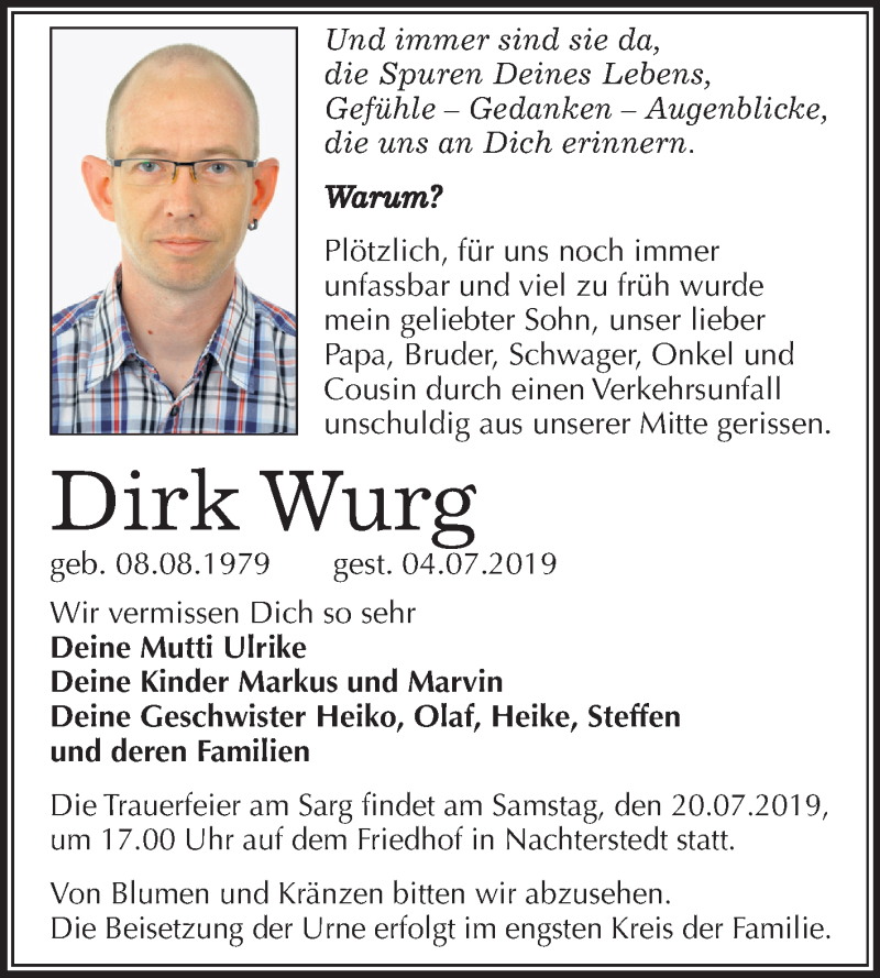  Traueranzeige für Dirk Wurg vom 17.07.2019 aus Mitteldeutsche Zeitung Aschersleben