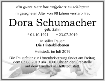 Traueranzeige von Dora Schumacher von Super Sonntag Mansfelder Land