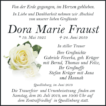 Traueranzeige von Dora Marie Fraust von Super Sonntag Quedlinburg