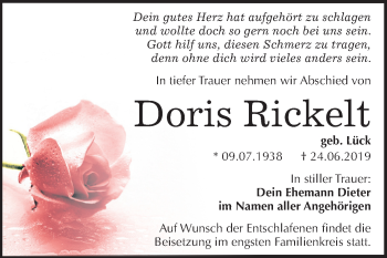 Traueranzeige von Doris Rickelt von Wochenspiegel Bitterfeld