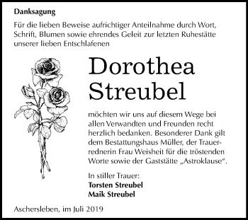 Traueranzeige von Dorothea Streubel von Super Sonntag Aschersleben