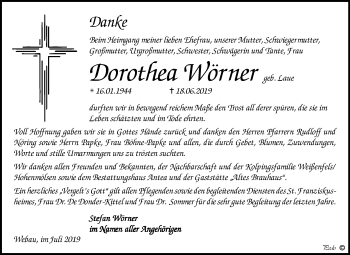 Traueranzeige von Dorothea Wörner von Mitteldeutsche Zeitung Weißenfels